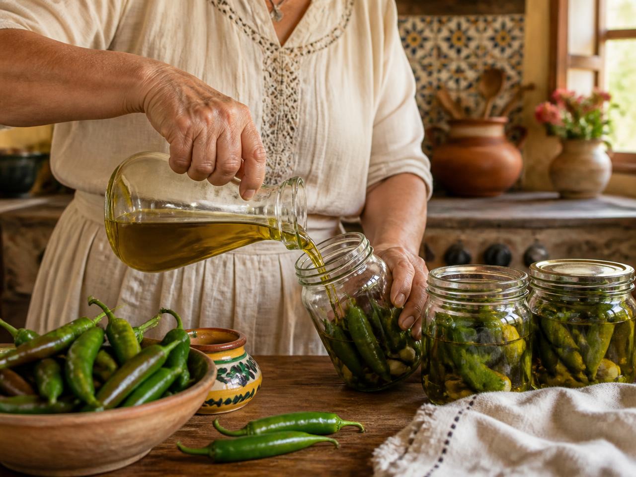 Manos vertiendo aceite de oliva en frascos con chiles verdes en una cocina rústica
